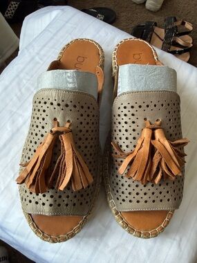 Bueno Taupe Perforated Leather Tassel Espadrille Mules